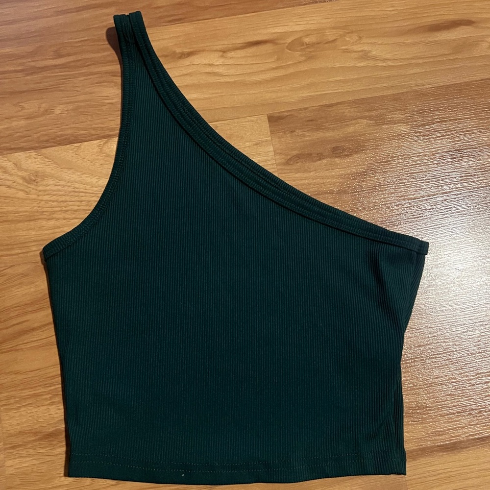 SHEIN Dark Green Ribbed One-Shoulder Crop Top
